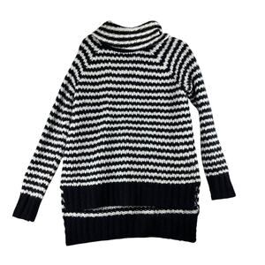 ANA Cowl Chunky Knit Sweater Women's M Tall Black White Striped Wool Blnd Hi Low